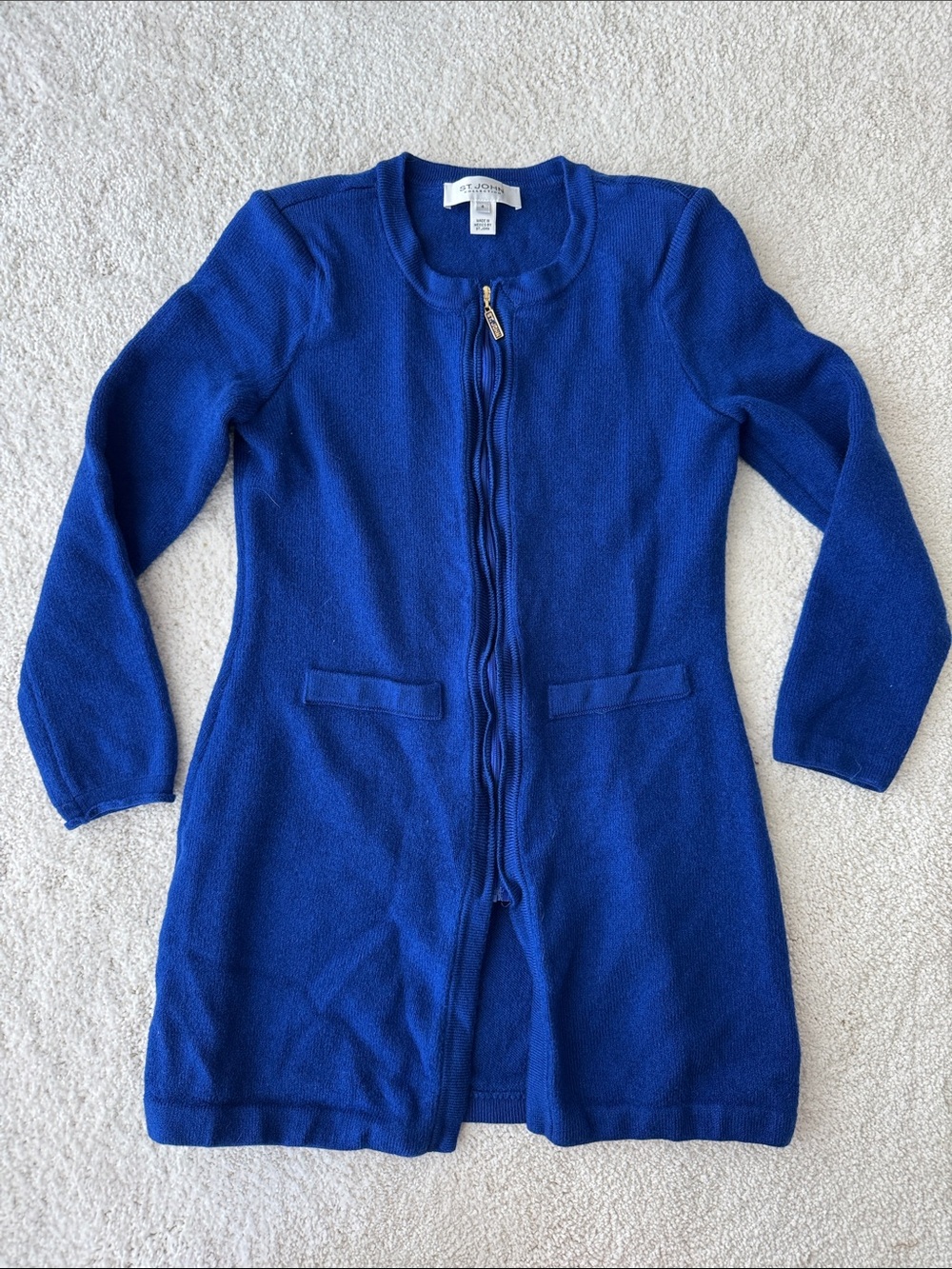 St. John Blue Zip-Front Knit Long Sweater Cardigan